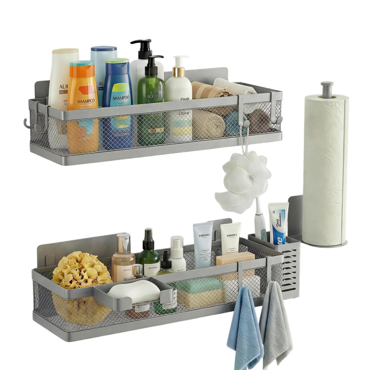 5-in-1 16.5" Extra Long Slim Wall Mount Wrapped Mesh Kitchen Organizer & Shower Caddy Kit, with Paper Towel Holder, Utensil Holder, Soap Dish, Holds 50LBS - Silver Gray, Netting