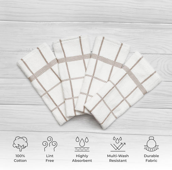 100% Cotton Terry Dish Towels, 4 Pack Checks, 16 x26 Inches, Super Soft and Absorbent Kitchen Towels, Perfect for Kitchen Cleaning and Dish Washing | Tan - Nestoria