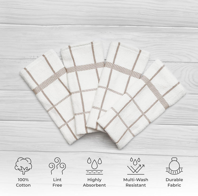 100% Cotton Terry Dish Towels, 4 Pack Checks, 16 x26 Inches, Super Soft and Absorbent Kitchen Towels, Perfect for Kitchen Cleaning and Dish Washing | Tan - Nestoria