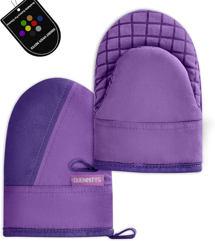 Mini Oven Mitts, Kitchen Oven Gloves Kitchen Mittens 500 Degrees Heat Resistant Baking Gloves, Non-Slip Silicone Surface with Hanging Loops Hot Gloves for Cooking, Baking, BBQ 1 Pair-Purple