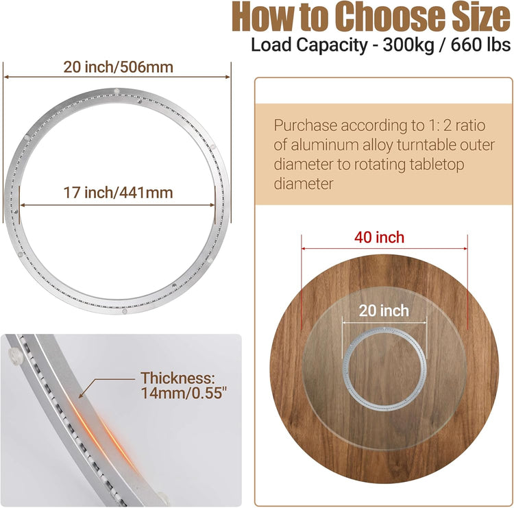20 Inch Lazy Susan Heavy-Duty Aluminium Alloy Rotating Bearing Lazy Susan Hardware- Mute Bearing Turntable Ring Hardware for Dining and DIY Furniture (Capacity up to 660lb)