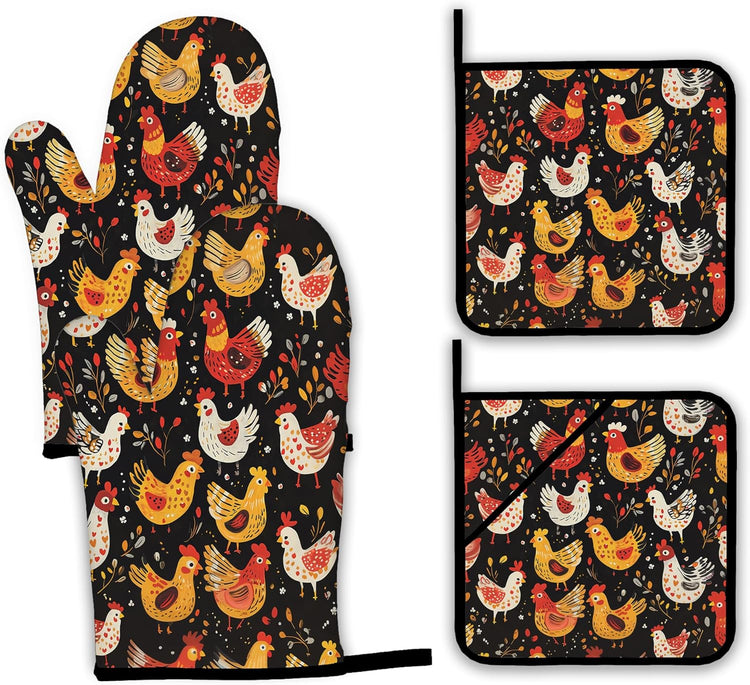 Colorful Rooster Oven Mitts and Pot Holders,Cute Chicken Heat Resistant Oven Mitts Gloves and Pot Holder for Home Kitchen Decorations Cooking Baking BBQ Gifts,Set of 4