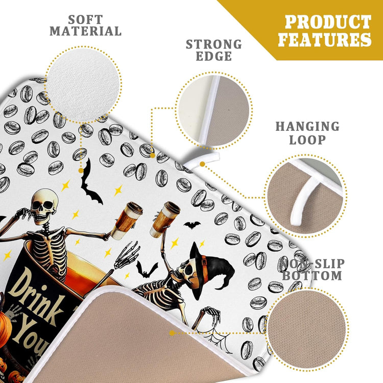 Funny Skull Coffee Matt for Counter Skeleton Dish Drying Mat Halloween Decoration for Home Coffee Bar