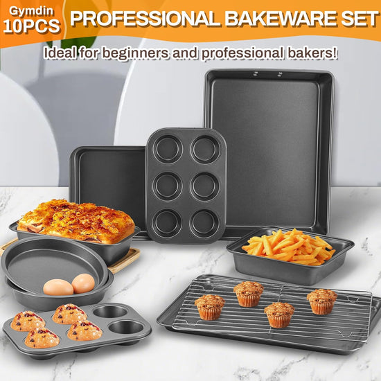 12PCS Nonstick Bakeware Set, Non-Toxic Carbon Steel Baking Pans Set with Wider Grip, Includes Roasting Pan, Cookie Sheet, Cake Pans, Muffin Pans, Cooling Rack, Oven Mitts, Easy Release - Nestoria