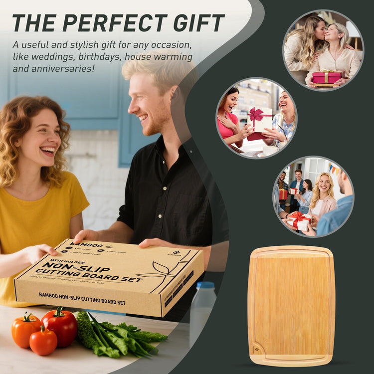 Bamboo Cutting Board Set Non Slip Feet with Holder Over Sink Tablas Para Picar Cocina Tabua Madeira Corte Carne Bambu Alimentos Cortar Madera Juego Regalos Cumpleaños Navidad Mujer Mama Abuela Papa (3 Count)