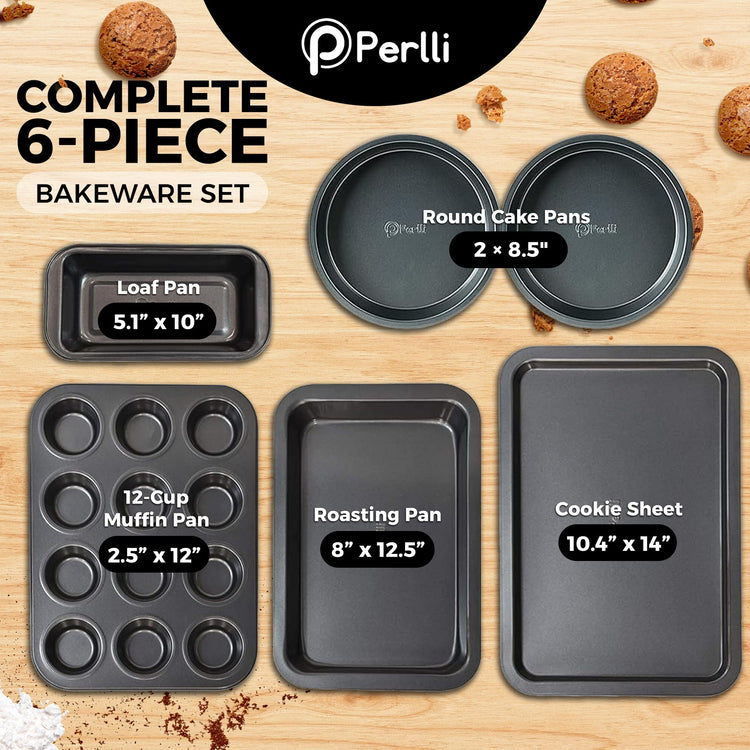 Non-Stick 6-Piece Bakeware Set – Carbon Steel with Even Heat Distribution, Oven Safe to 446°F, BPA-Free, Dishwasher Safe, Stackable Baking Tools for Easy Storage and Everyday Cooking - Gray