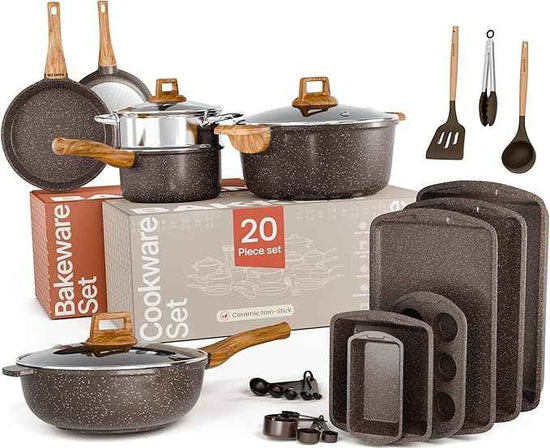 Bakken Master 20 Piece Cookware Set - Pots and Pans with Handle Grips and Tempered Glass Lids, With 6-piece Bakeware Set, Nonstick Granite Coating, Ceramic Max Temperature (Up To 500°F), Brown Marble