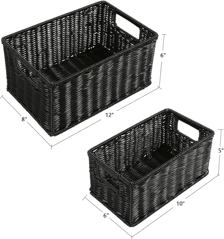 HOONEX Wicker Baskets for Storage, Plastic Baskets for Organizing with Dual Handles, Woven Baskets for Storage, Set of 2, Black