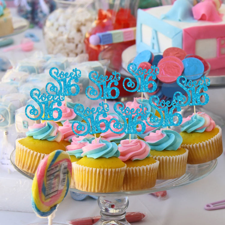 24 Pack 16th Birthday Cupcake Toppers Glitter Sixteen Happy Sweet 16 Cupcake Picks Cheers to 16 Years Old Cupcake Decorations for 16th Birthday Anniversary Party Supplies Light Blue (24 Count)