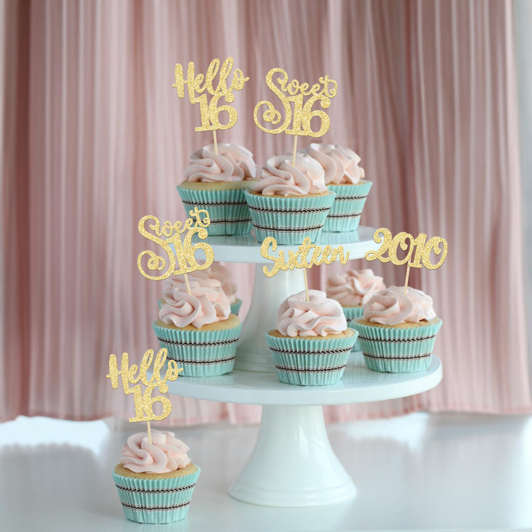 24Pcs 16th Birthday Cupcake Toppers Gold Glitter Hello 16 Sweet 16 Cupcake Picks 2010 16th Birthday Cake Decorations for Anniversary Party Supplies (24 Count)