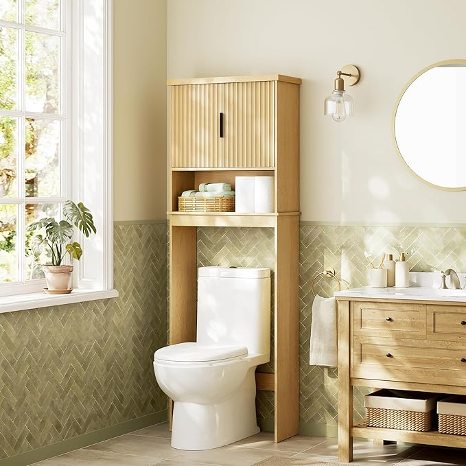 VASAGLE MAXE Collection - Over The Toilet Storage Cabinet, 23.6-Inch Wide Mid Century Modern Bathroom Organizer with Fluted Doors, Adjustable Shelf, Space-Saving, Oak Beige UBTS028YC01S