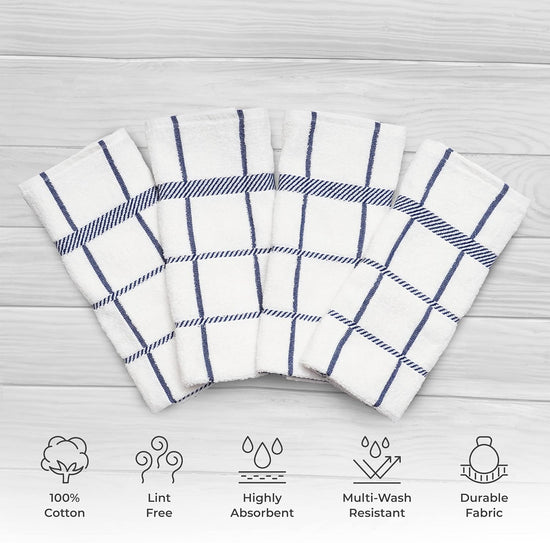 100% Cotton Terry Dish Towels, 4 Pack Checks, 16 x26 Inches, Super Soft and Absorbent Kitchen Towels, Perfect for Kitchen Cleaning and Dish Washing | Navy Blue - Nestoria