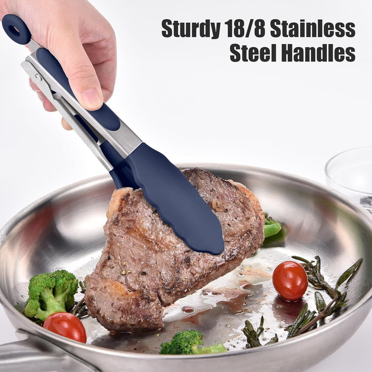 Doosu Kitchen Tong for Cooking: 600°F Heat-Resistant Silicone Food Tong, Stainless Steel Locking Tongs for BBQ (7in, Blue)