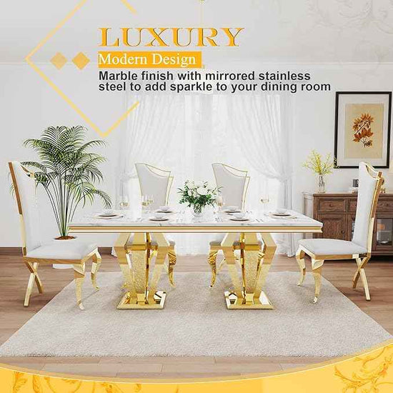 AF ARTISAN FURNITURE 7 Piece Luxury Dining Room Set, Modern Dining Table and Upholstered Chairs Set, Marble Kitchen Table Set for 6, Big Kitchen Dinner Tables Kit with Silver Base