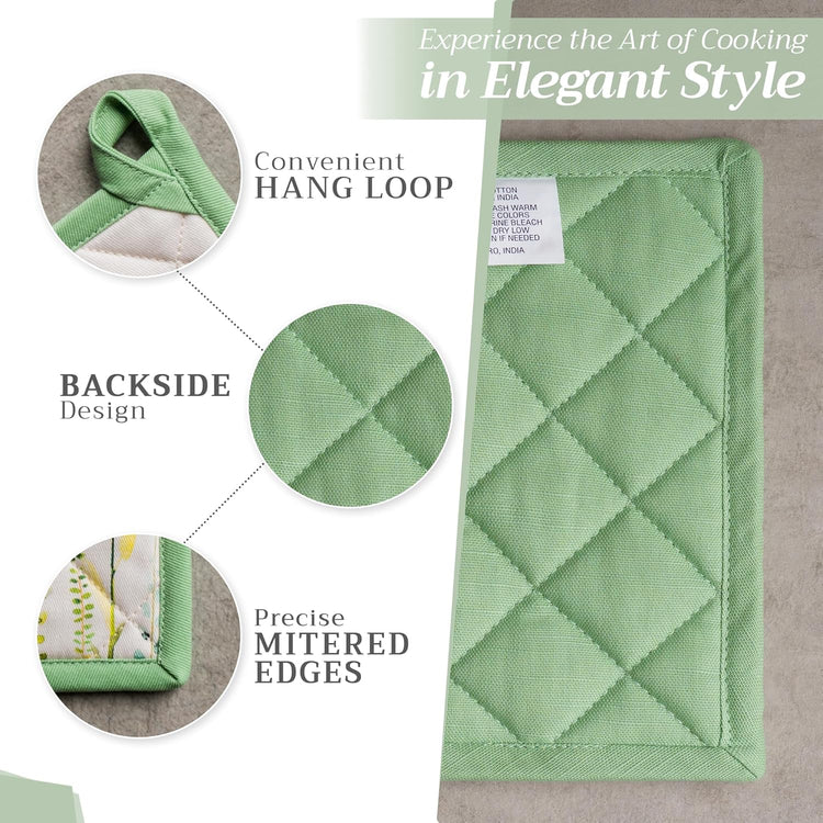 Maison d' Hermine Pot Holders set 100% Cotton Heat Resistant Potholders 8" x 8" Hot Pads with Loop BBQ, Cooking, Baking, Grilling, Kitchen, Handling Hot Pans Spring/Summer (Pack of 2, Botanical Fresh)