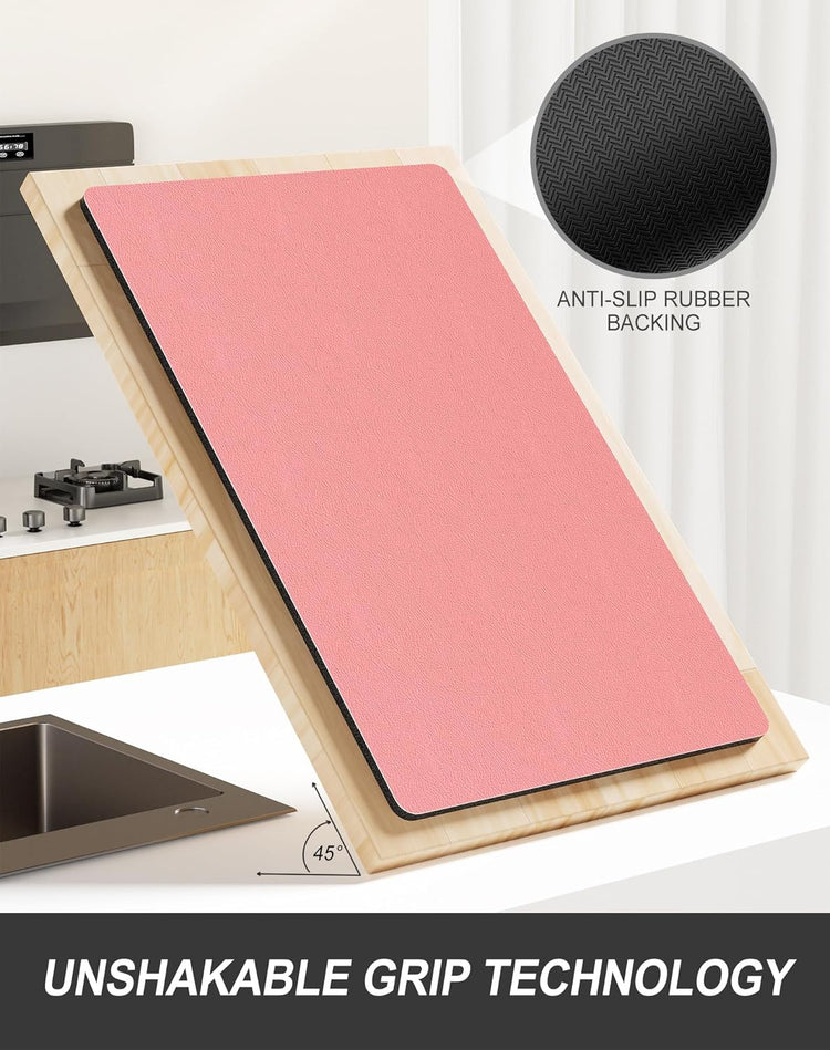 Rnivvi Dish Drying Mat for Kitchen Counter, XL 15 x 24" Super Absorbent Drainer Pad Easy Clean Dish Rack Pad, Non-Slip Heat Resistant Coffee Bar Mats for Coffee Machine Station Accessories, Rose Pink