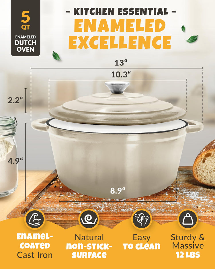 5 QT Enameled Dutch Oven for Bread Baking with Lid & Baking Set