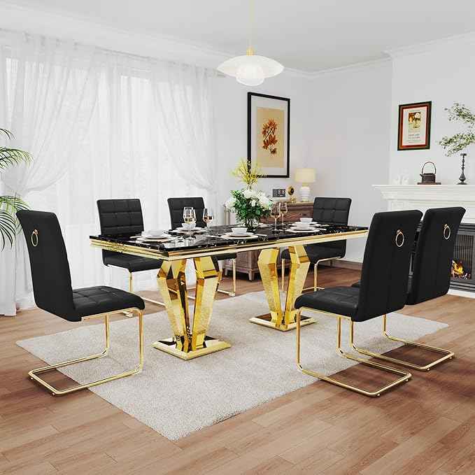 7 Piece Luxury Dining Room Set, Modern Dining Table and Upholstered Chairs Set, Marble Kitchen Table Set for 6, Big Kitchen Dinner Tables Kit with Silver Base
