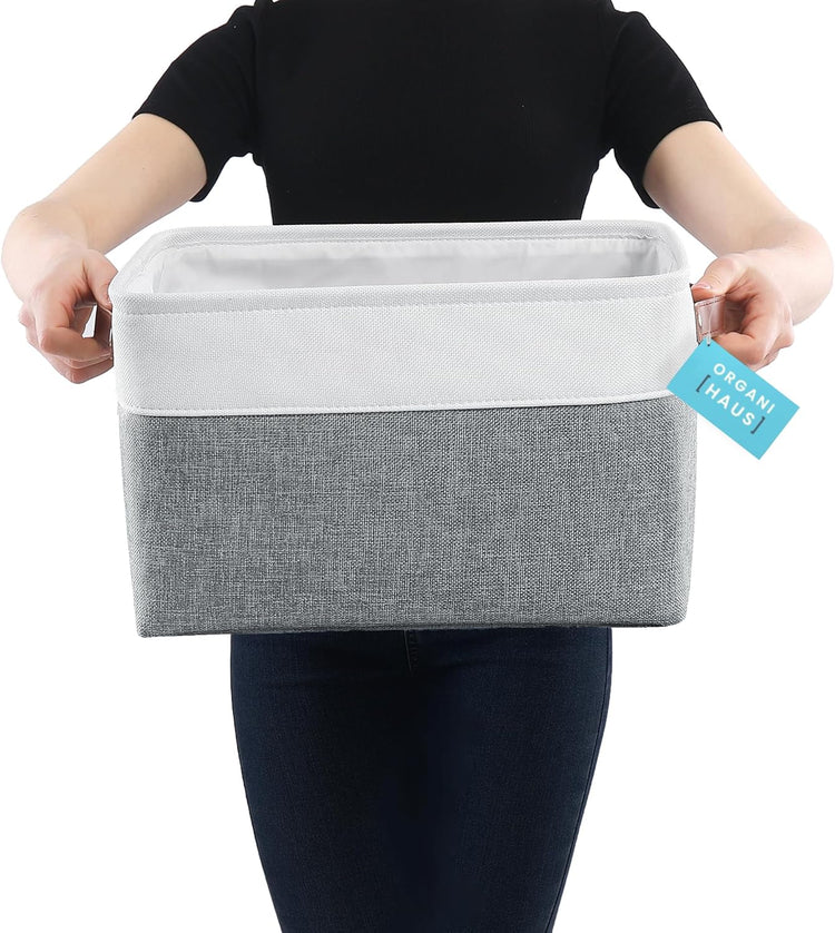OrganiHaus Large Fabric Storage Baskets for Shelves 3 Pack, 15x11in Closet Storage Bins for Shelves, Cloth Baskets for Organizing, Linen Closet Organizers, Fabric Basket, Gray/White