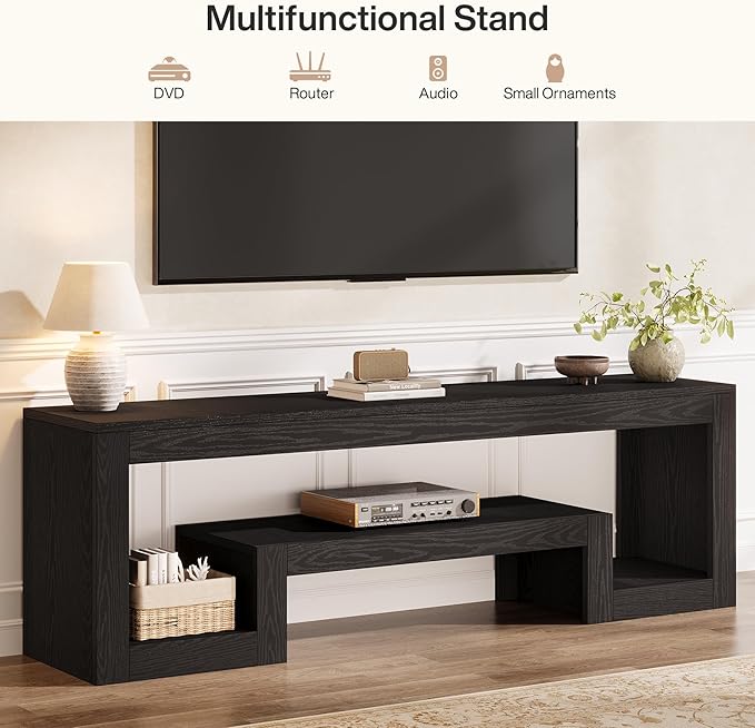 Tribesigns 63-Inch TV Stand for 55/60/65/75-Inch TVs, Farmhouse Entertainment Center with Open Storage Shelves, Black Television Console for Living Room, Bedroom