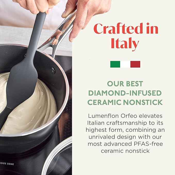 Orfeo 2.4QT Nonstick Saucepan with Lid, Made in Italy, Diamond Ceramic PFAS-Free Cookware, Induction Ready, Scratch Resistant, Laser-Fused Surface for Durability, Dishwasher Safe, Black