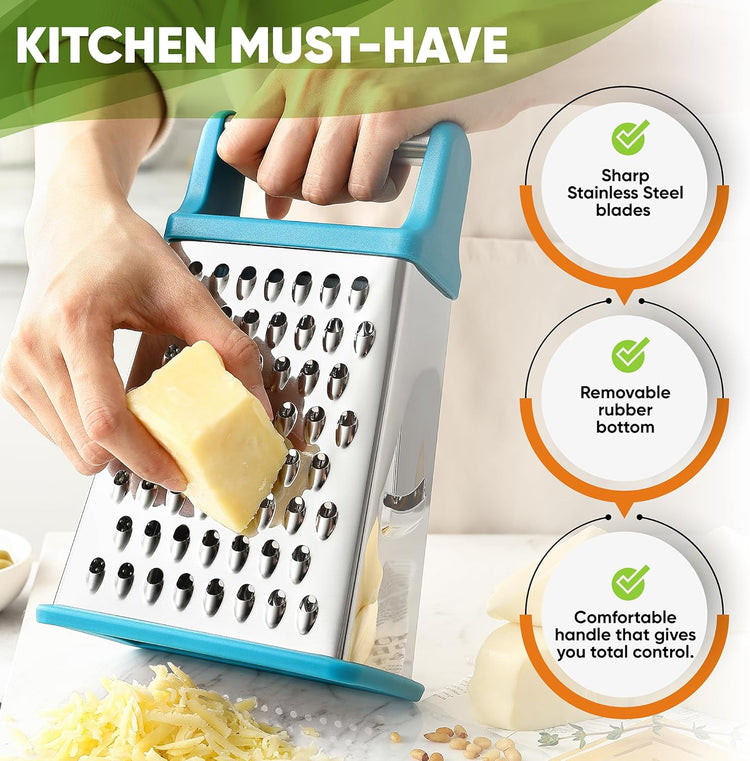 Spring Chef Handheld Stainless Steel XL Parmesan Cheese Grater with Handle - 4 Sided Metal Box Grater for Kitchen - Dishwasher Safe Potato Shredder for Hash Browns, Potato, Carrot, Vegetables - Teal