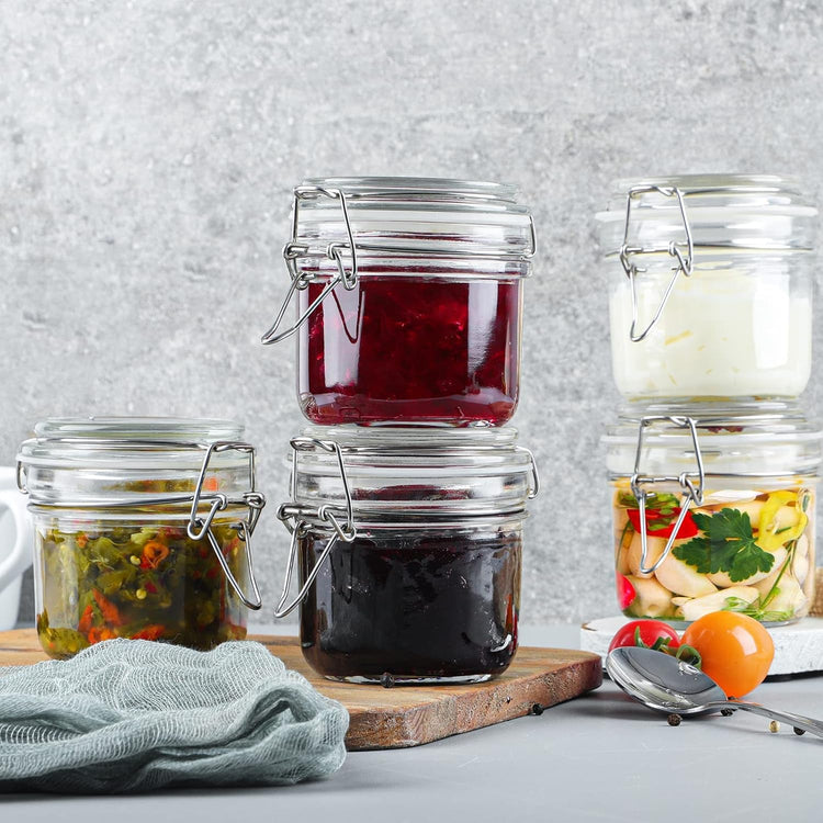 Folinstall 7 oz Glass Jars with Airtight Lids 12 Pcs, Small Mason Jars with Hinged Lids for Kitchen Storage, Canning and Pantry, Includes 3 Replacement Silicone Gaskets and Chalkboard Labels