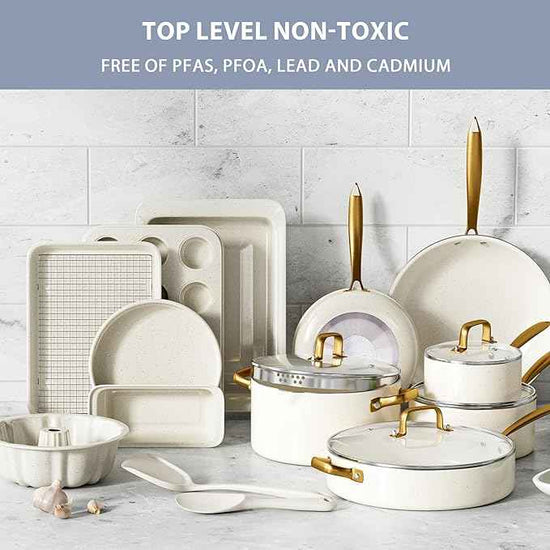 Pots and Pans Set Nonstick - Granite Cookware + Bakeware Set Kitchen Cookware Sets With Dutch Oven, Frying Pans, Saucepan, Sauté Pan, Silicone Utensils, Cookie Sheet, Baking Pan Set for Cooking Gifts