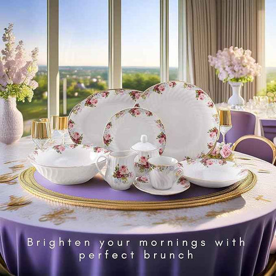 Lynns Paradise Philomena Floral 45-Piece Dinnerware Set | 24K Gold Trim | Embossed Swirl | Plates & Bowls Sets | Apartment Essentials | Home Kitchen Accessories | Floral Design
