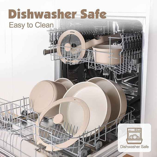 SENSARTE 24 Piece Ceramic Pots and Pans Set, Nonstick Detachable Handle Cookware, Induction Cookware Set with Removable Handle, Healthy Non Stick for RV, Dishwasher＆Oven Safe, PFOA Free (Almond Beige)