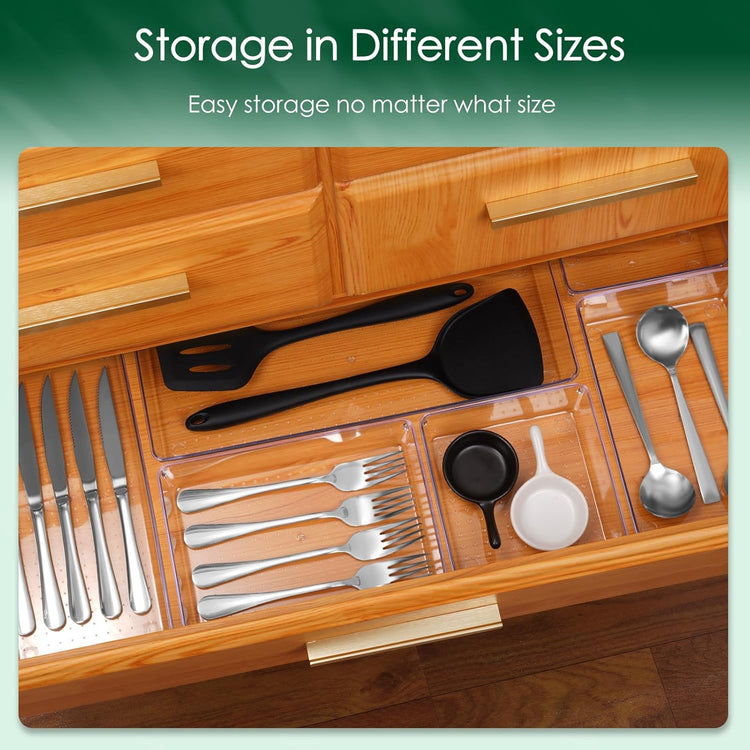 Criusia Drawer Organizer Set, Acrylic Non Slip Non Cracking Kitchen Drawer Storage Tray Large Size Divider, Multifunctional Storage for Cosmetics, Bathroom, Tools, Kitchen and Office (8 PACK)