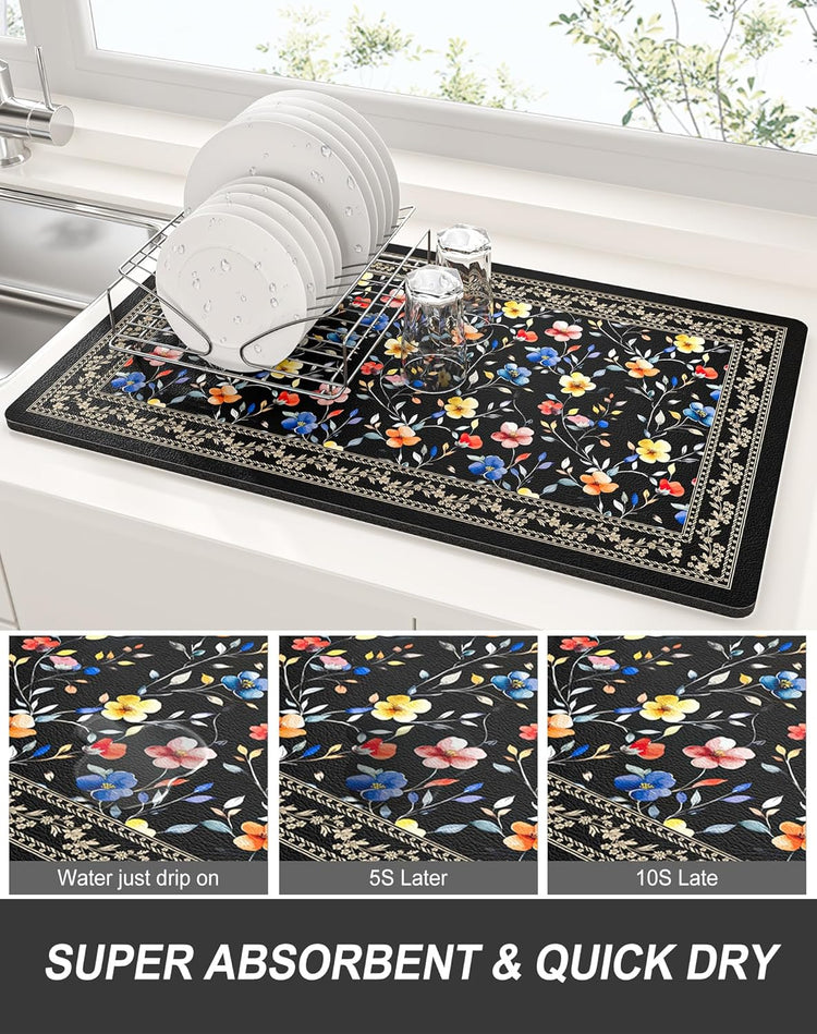 Rnivvi Dish Drying Mat for Kitchen Counter, 12 x 19" Cute Flower Theme Super Absorbent Draining Pad, Non-Slip Heat Resistant Coffee Bar Mat for Coffee Machine Station Accessories, Retro Dish Rack Pad
