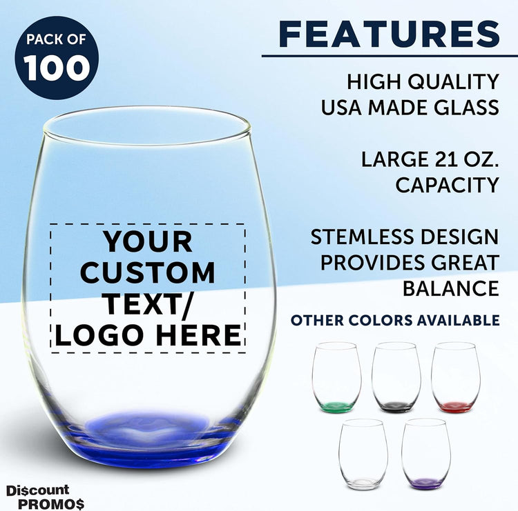 DISCOUNT PROMOS 100 ARC Stemless Wine Glasses Set, 21 oz. - Customizable Text, Logo - Chardonnay, Cabernet, Merlot, Sauvignon - Blue