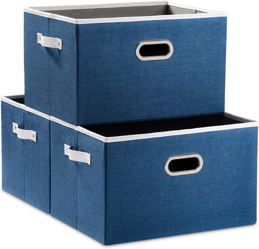 PRANDOM Larger Collapsible Storage Bins for Closet [3-Pack] Decorative Linen Fabric Storage Baskets Cubes with Leather/Metal Handles for Living Room Royal Blue (17.3x12.2x10.4 Inch)