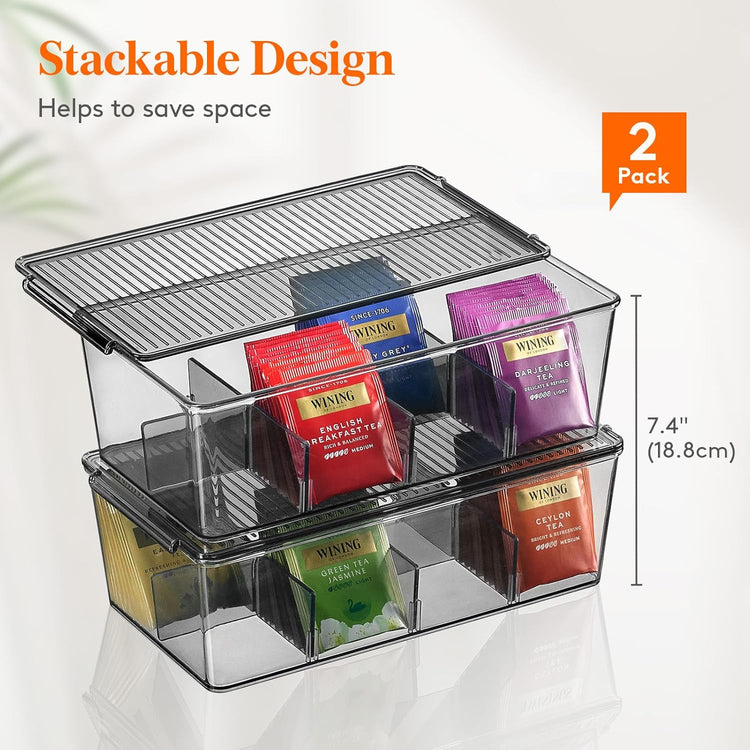 Lifewit Plastic Black Tea Bag Organizer, Divided Storage Bin Box with 8 Compartments, Holds Coffee Pods, Sugar Packets, Condiments, Snacks for Countertop, Cabinet, 2 Pack