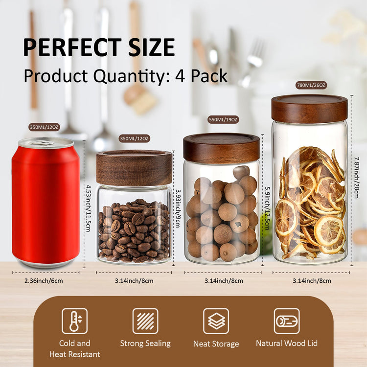 26 oz 850 ml Clear Glass Storage Canister with Airtight Wooden Lid (4 Count)
