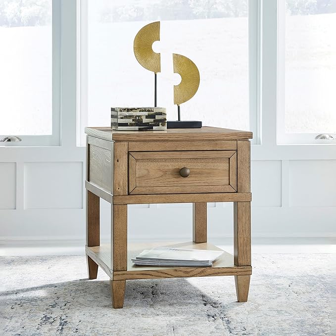 Signature Design by Ashley Sharlance Transitional 1-Drawer End Table with Lower Shelf, Power Supply and USB Ports, UL Listed, Dark Brown Drawer Pulls, Light Brown