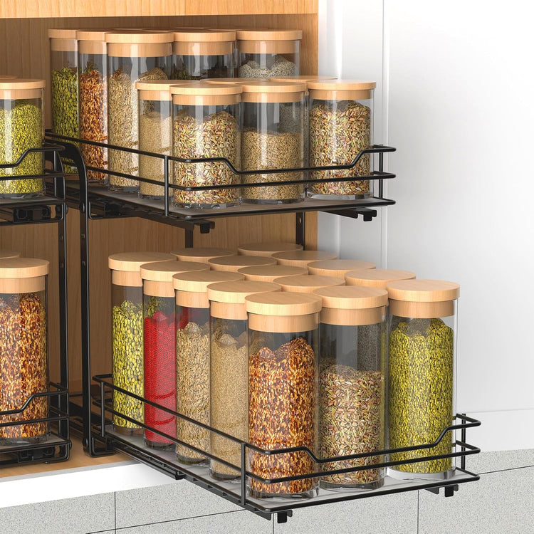 2-Tier Spice Rack, Pull Out Spice Racks Organizer for Cabinet, Height Adjustable Heavy Duty Metal Basket for Inside Cabinets & Pantry Closet (7.5''Wx10.5''Dx9.5''H)
