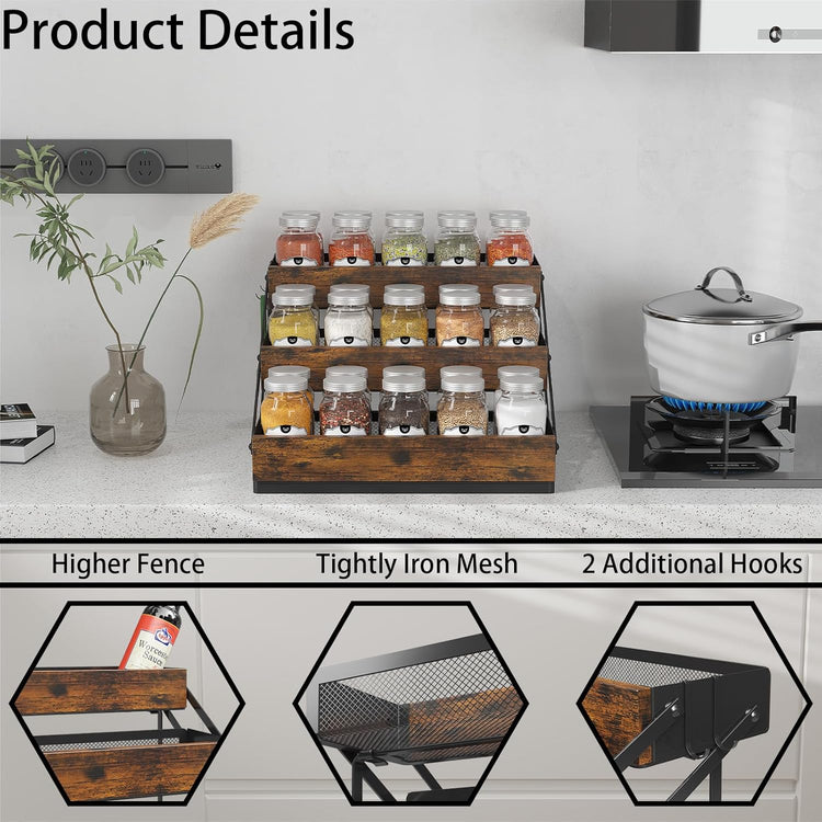 3 Tier Foldable Spice Rack Organizer for Countertop, Step Shelf with Spice Jars for Kitchen Cabinet Drawers Seasoning Rustic Wooden Spice Holder for Home, Cupboard or Door - 2PCS