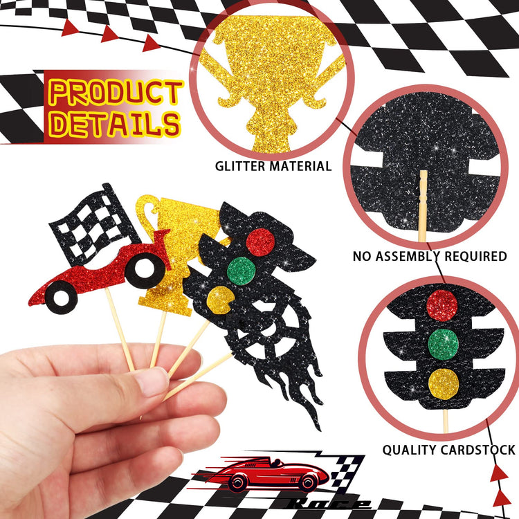 49 Pack Two Fast Cake Toppers Car Cupcake Toppers Decoration Double Sided Trophy Flag Race Car Birthday Party Supplies