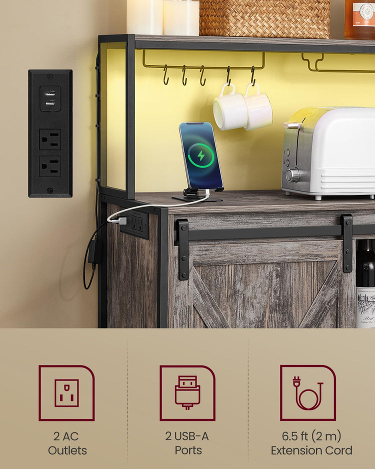 Coffee Bar Buffet Cabinet with LED Light and Power Outlet