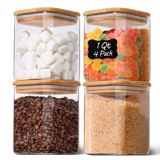 Glass Pantry Storage Containers with Bamboo Lids 1Qt 4 Pack Square (4 Count)