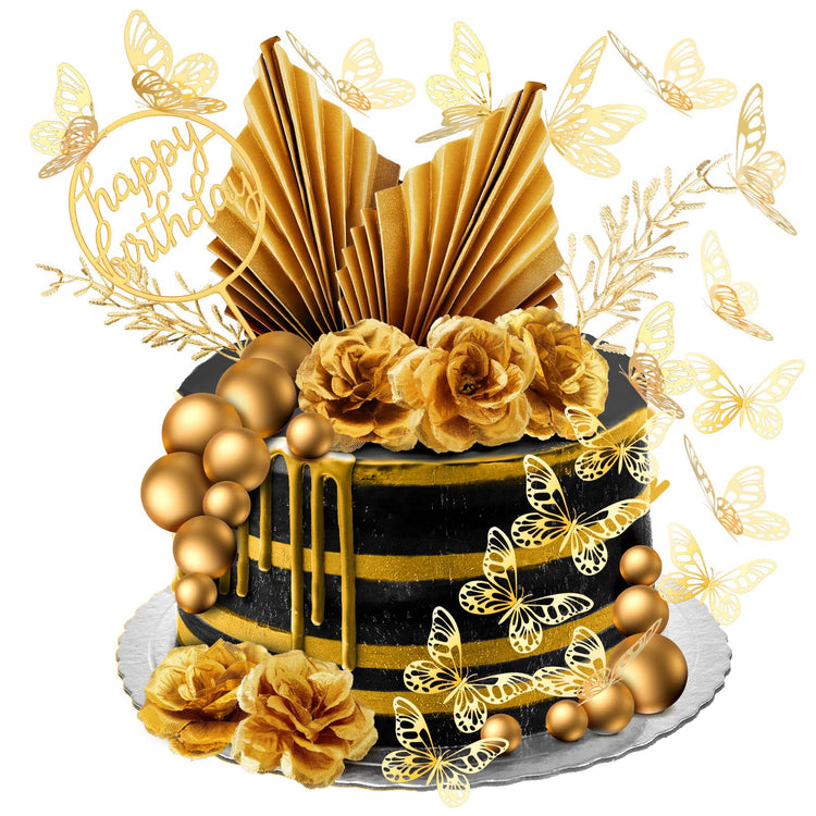 52 Pcs Gold Happy Birthday Cake Topper Decoration Boho Wedding Cake Topper Rose Flower Butterfly Palm Leaves Balls Birthday Decoration for Women Men Party Decor