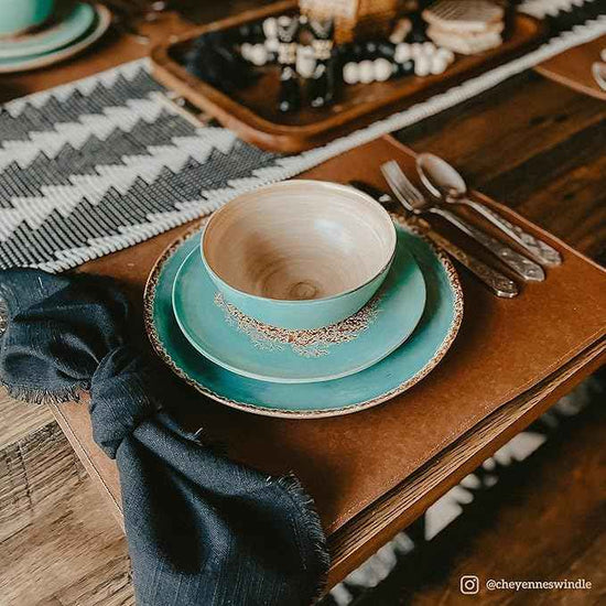 Paseo Road Patina Turquoise 16 Piece Ceramic Southwestern Rustic Cabin Dinnerware Set with Plates, Bowls and Mugs