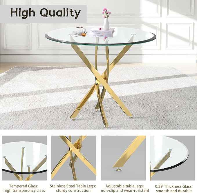AF ARTISAN FURNITURE 36" Round Glass Dining Table Set for 4, 5-Piece Modern Kitchen Tables with 4 Blue Velvet Chairs, Modern Circle Leisure Table for Home Office Dining Room Small Spaces (Gold Leg)
