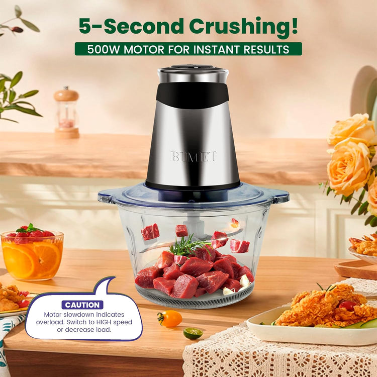 Electric food processor vegetable chopper 500W 2x8cup bowls 2 bi-layer 4 blades Small Food chopper Electric Meat grinder for home use,Mincing, and Puree for kitchen aid, baby foot, pet food by BUMET