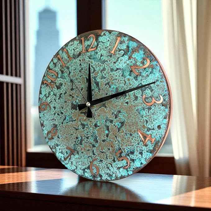 Handmade Pure Copper Wall Clock for Home Decoration, Decor Clock for Living Room, Bedroom and Kitchen, Rustic Decorative Mural Clock Art for Farmhouse (Numbers of Patina, 17.7)