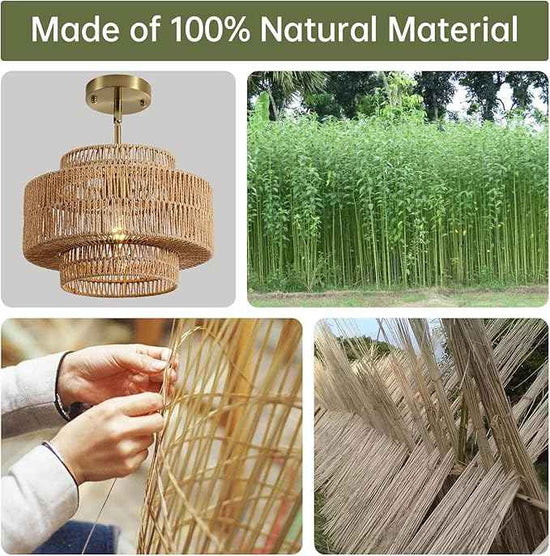 12.4” Boho Rattan Chandelier Light Fixture, 1-Light Hand Woven Pendant Light Fixture Farmhouse Rustic Hanging Lamp for Kitchen Island Bedroom, Dining Room, Living Room, Entryway, Foyer