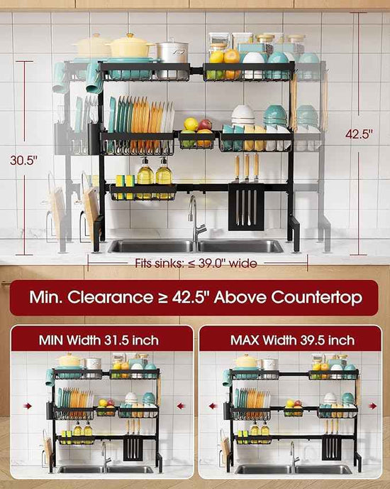Over The Sink Dish Drying Rack - Adjustable 3 Tier XX-Large Capacity Stainless Steel Drainer with Cutlery & Utensil Holders, Kitchen Storage & Organization, 31.5"-39.5"L x 12"W x 30.5"H, Black