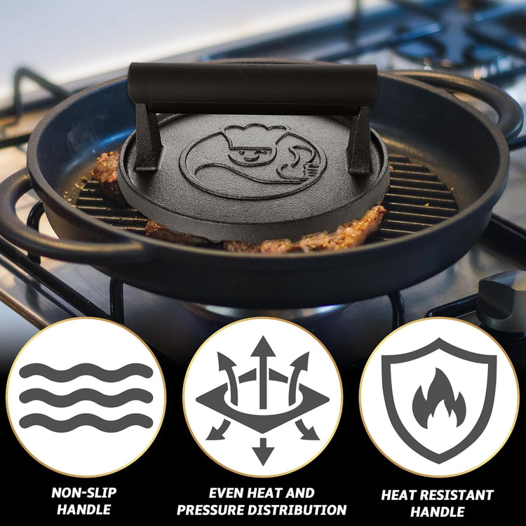 Smash Burger Press for Griddle, 2 lb Heavy Duty Burger Smasher Tool with Heat-Resistant Handle, Premium Cast Iron Bacon & Sandwich Maker, Hamburger Press for BBQ Grilling Accessories, 5-Year Warranty